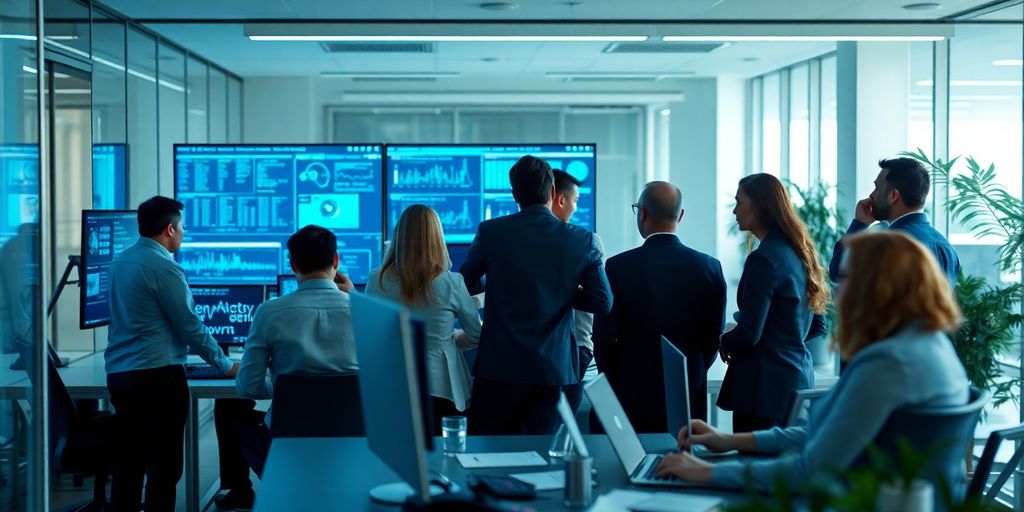 Cybersecurity team collaborating in a modern office setting.