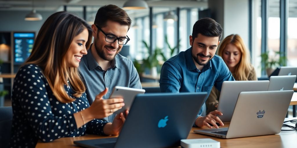 Employees using Cisco Meraki devices in an office setting.