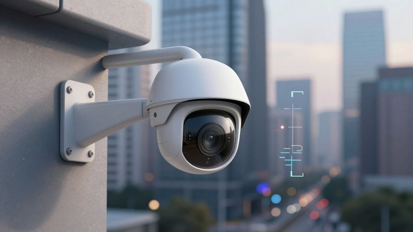 AI security camera overlooking a city skyline.