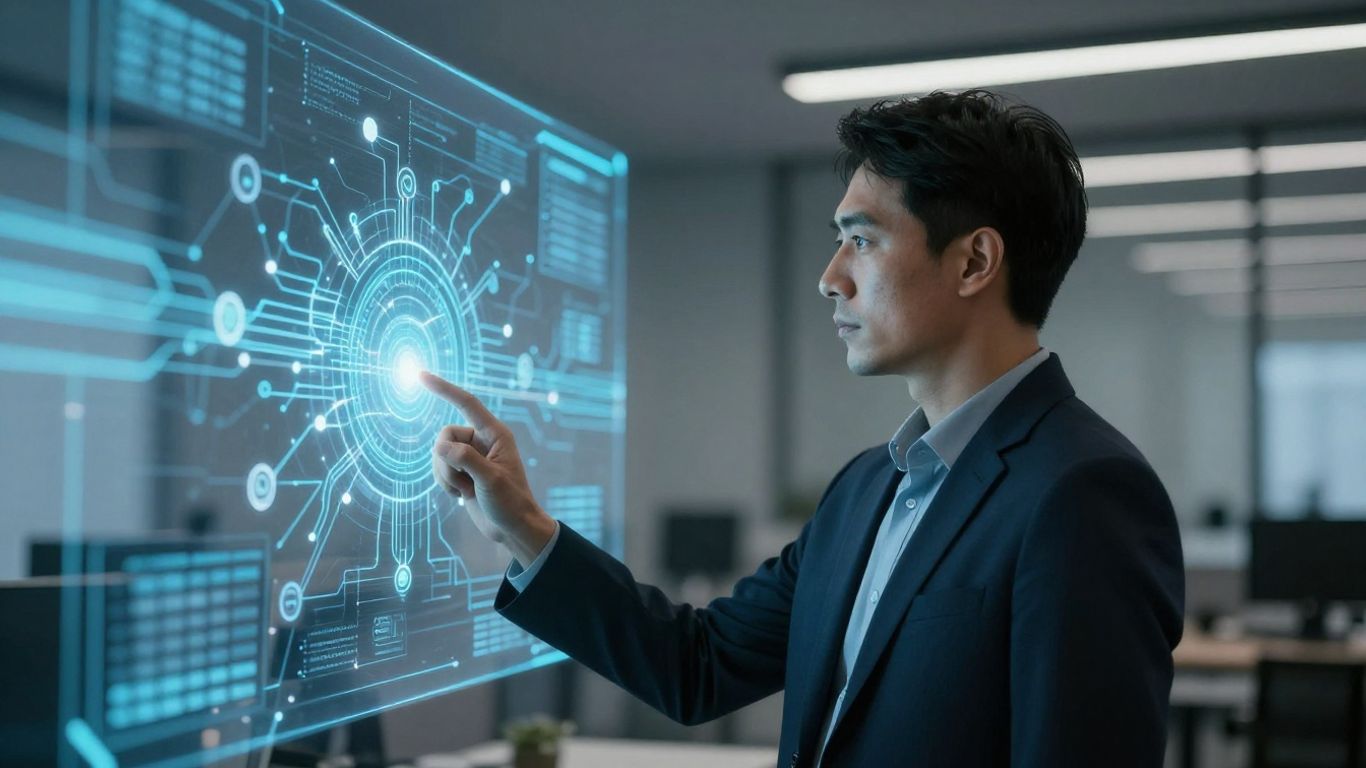 Professional managing complex digital network and data streams.