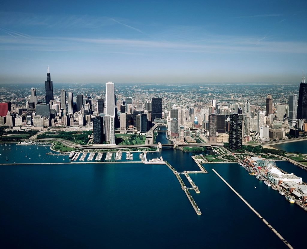Chicago, Illinois lakefront skyline aerial.