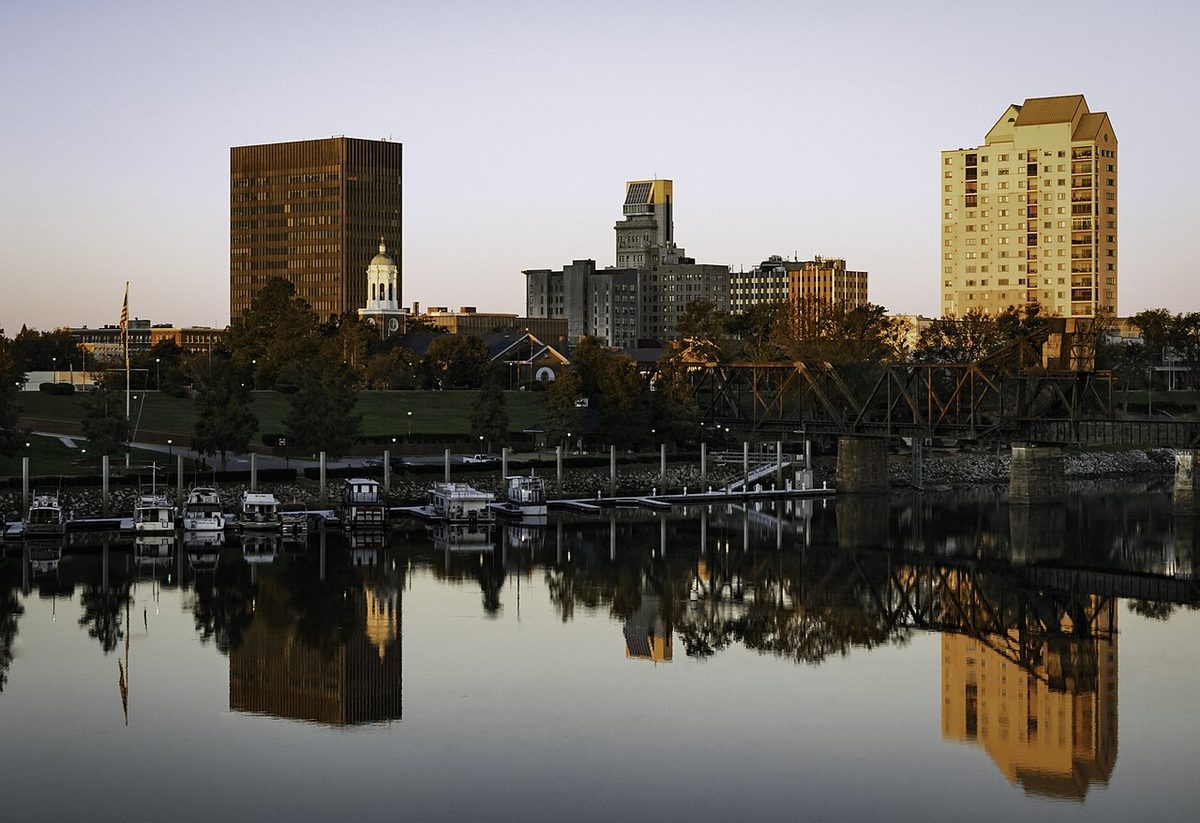 Downtown riverfront skyline at golden hour.