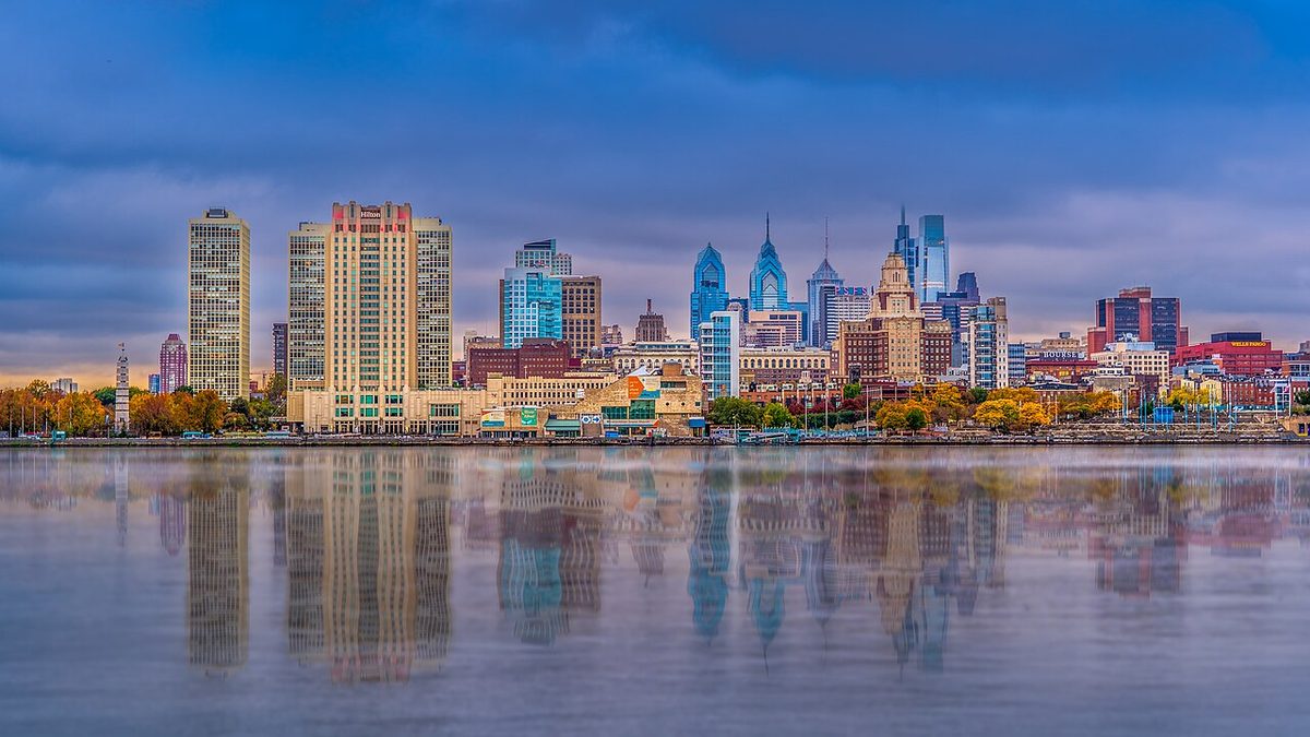 Philadelphia, Pennsylvania skyline across the Delaware River.